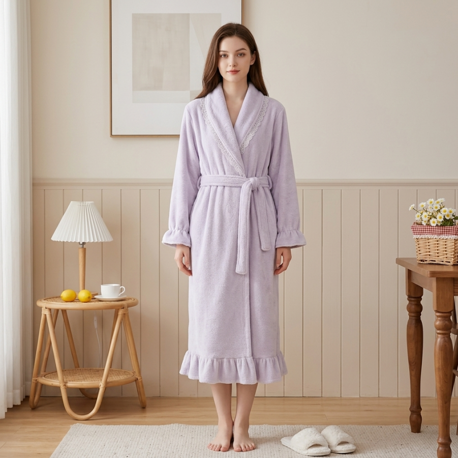 NUOLE Women's Snowflake Velvet Long Winter Bathrobe - Ruffle Trim Fleece Loungewear