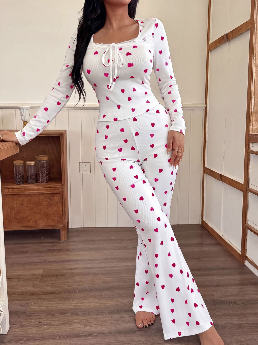 NUOLE Women's Ribbed Knit Heart Print Pajama Set - Soft Lace Trim Loungewear Sleepwear