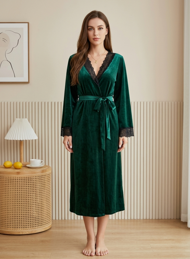 NUOLE Women's Flared Bell Sleeve Crushed Velvet Long Robe - Lace Trim Kimono Bathrobe