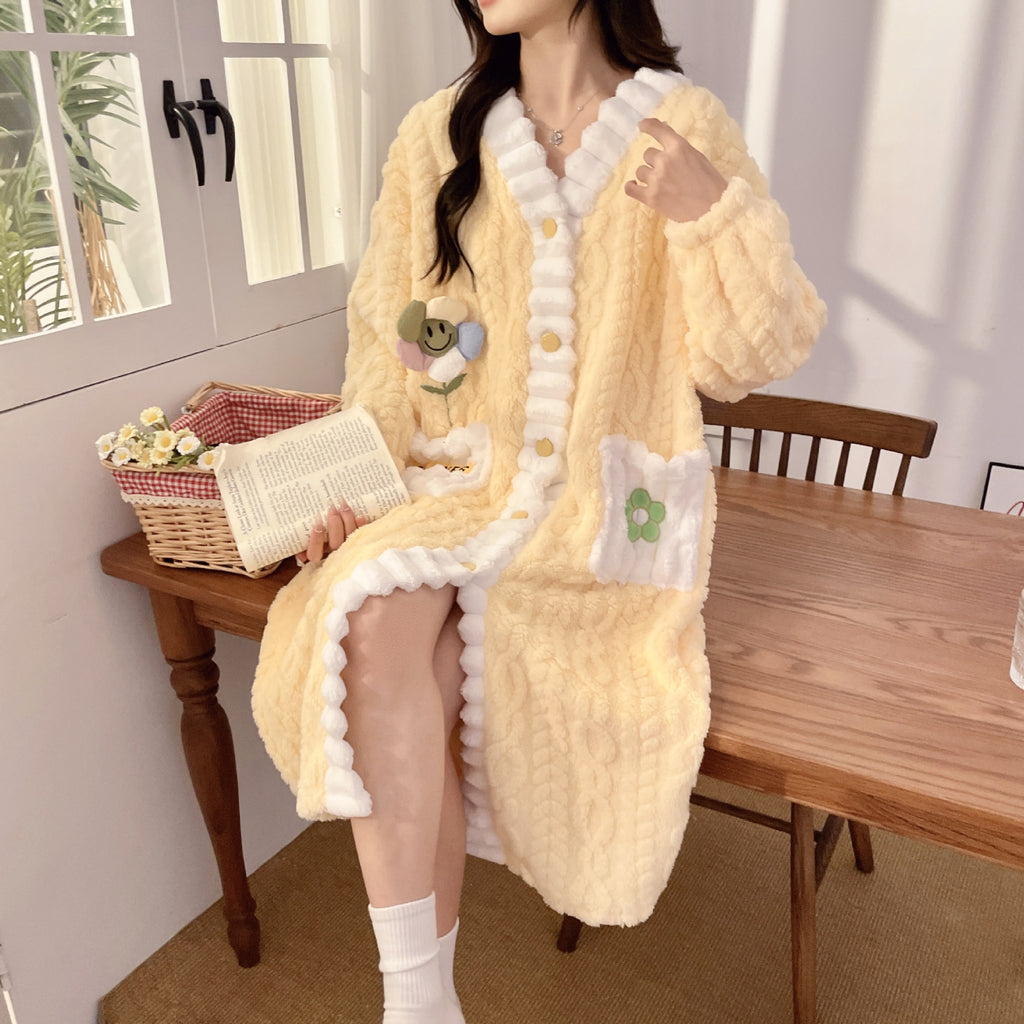 NUOLE Women's Cute Cable Knit Flannel Fleece Long Robe - Tulip & Sunflower Accent Plush Loungewear