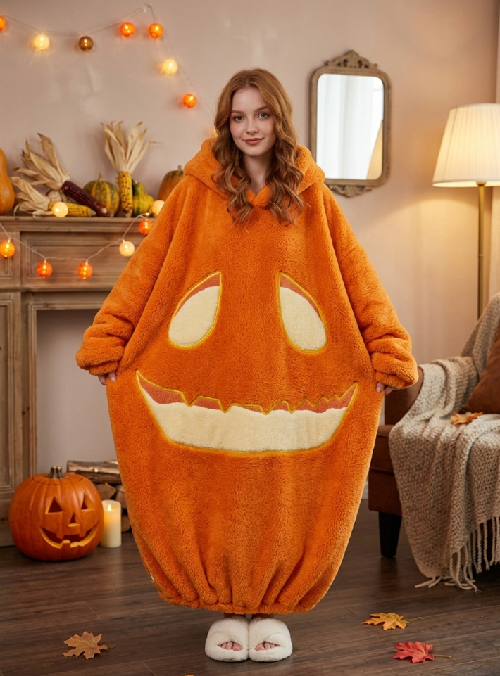 NUOLE Oversized Pumpkin Wearable Blanket Hoodie - Cozy Fleece Cocoon Loungewear for Halloween & Winter