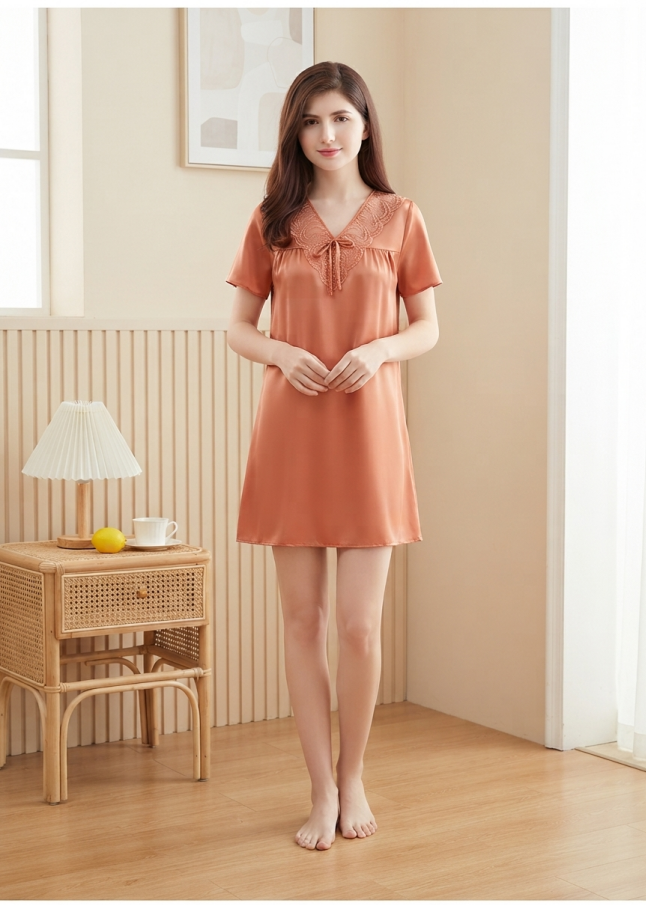 NUOLE Women's 100% Mulberry Silk Short Sleeve Nightdress - Embroidered Lace V-Neck