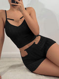 NUOLE Women's Cutout Heart Chain Ribbed Cami Shorts Pajama Set - Sexy Loungewear