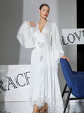 NUOLE Women's Silk Satin Floor-Length Kimono Robe - Lace Bell Sleeve Bathrobe