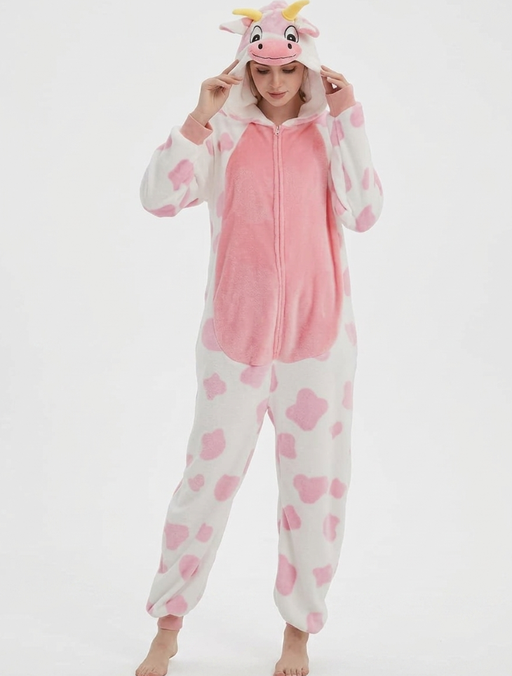 [Custom ] NUOLE Spotted Cow Kigurumi Onesie - Animal Cosplay Costume Pajamas with Horns & Tail for Halloween, Christmas, Easter, Adults & Kids