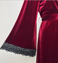 NUOLE Women's Flared Bell Sleeve Crushed Velvet Long Robe - Lace Trim Kimono Bathrobe