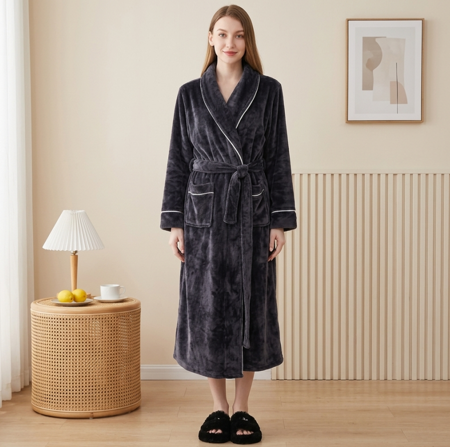 NUOLE Women's Piped Flannel Fleece Long Winter Bathrobe - Heavyweight Plush Loungewear