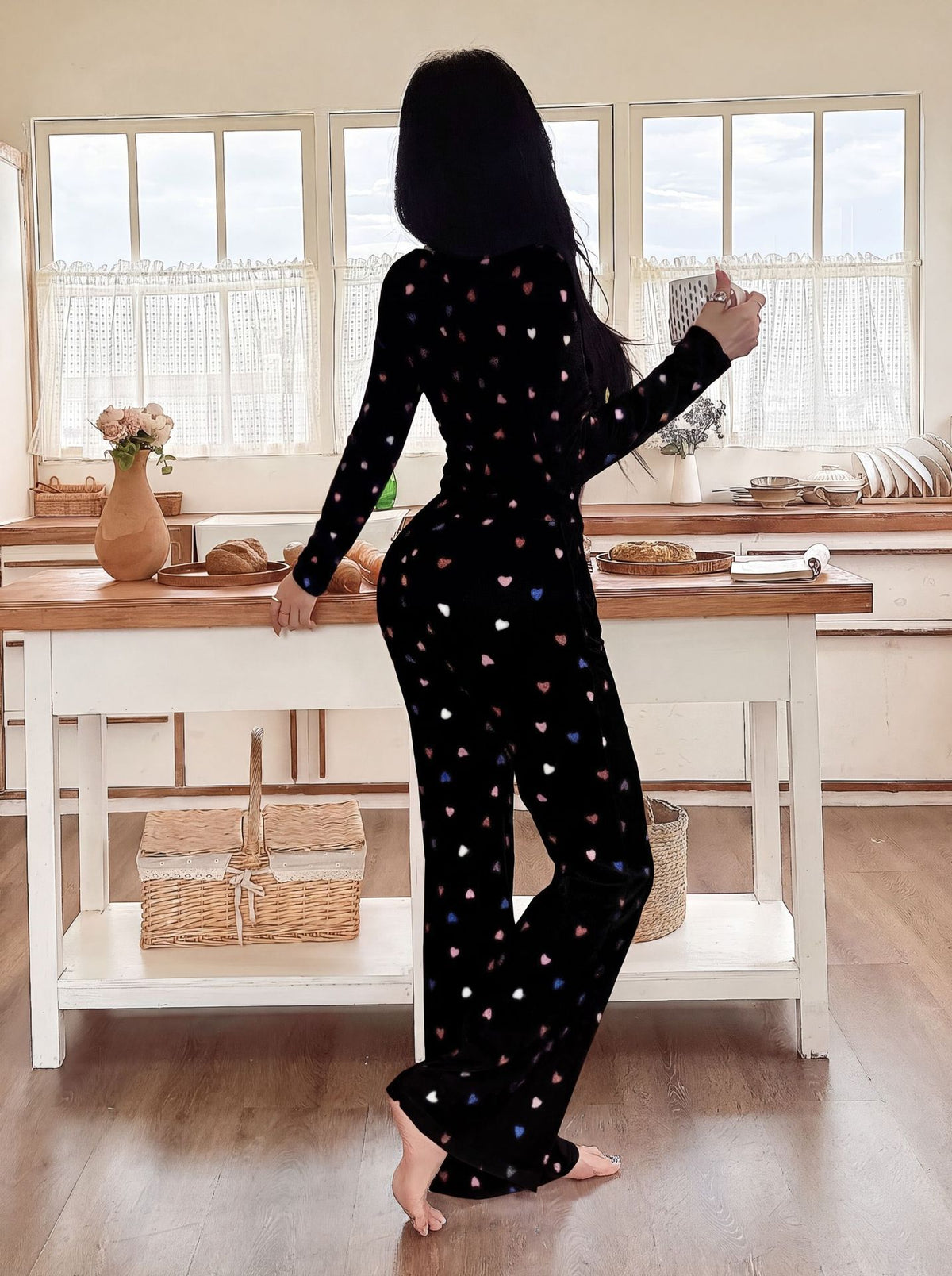 NUOLE Women's Ribbed Knit Heart Print Pajama Set - Soft Lace Trim Loungewear Sleepwear