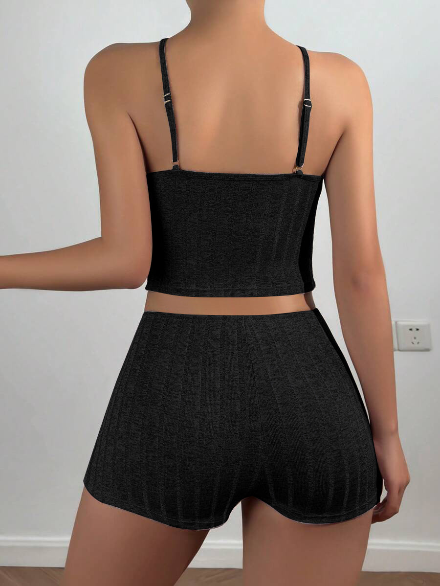 NUOLE Women's Cutout Heart Chain Ribbed Cami Shorts Pajama Set - Sexy Loungewear