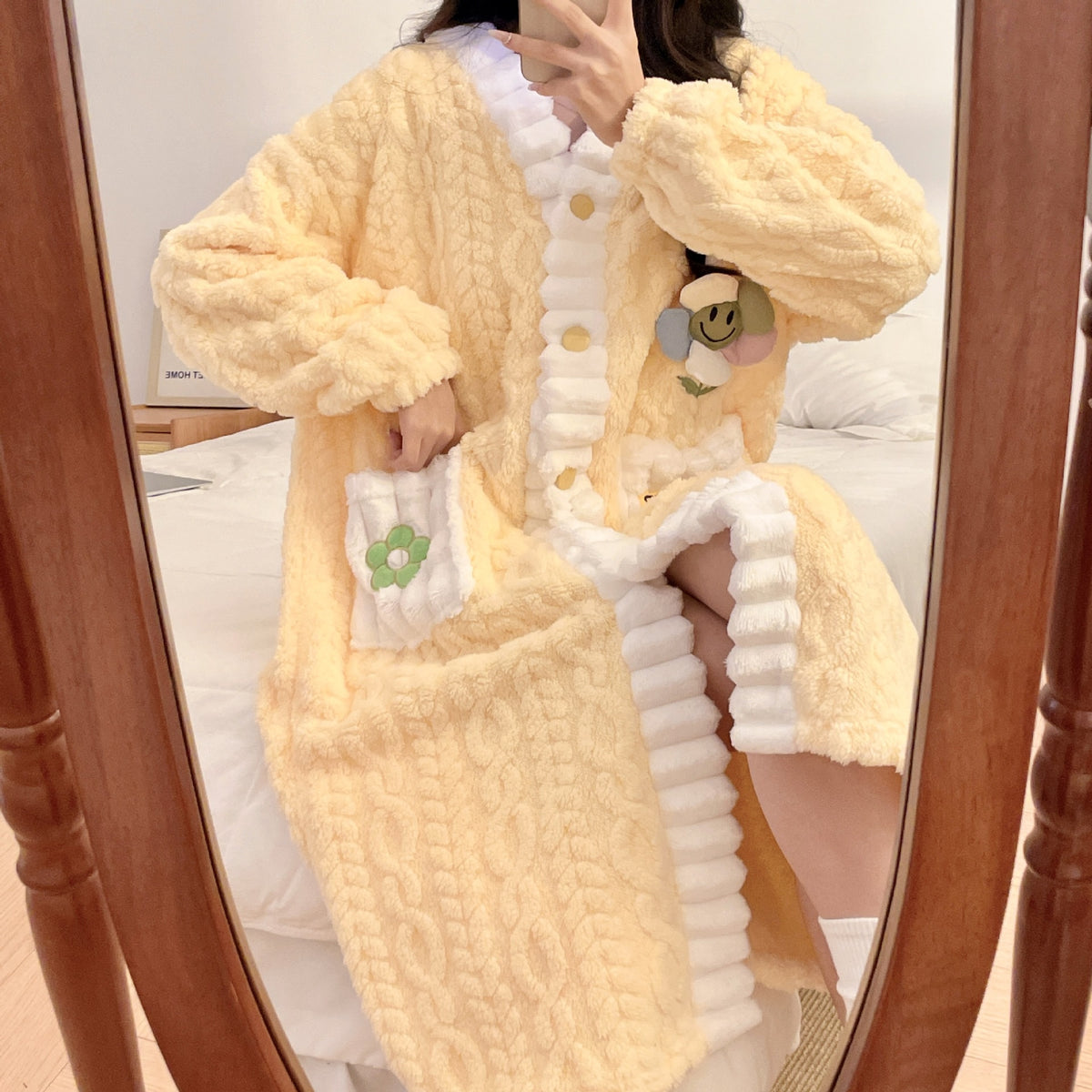 NUOLE Women's Cute Cable Knit Flannel Fleece Long Robe - Tulip & Sunflower Accent Plush Loungewear