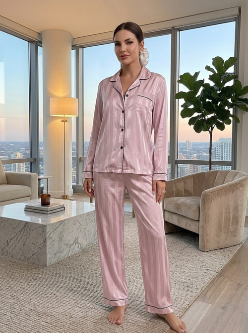 Women's Striped Satin Silk Pajamas - Rose Pink