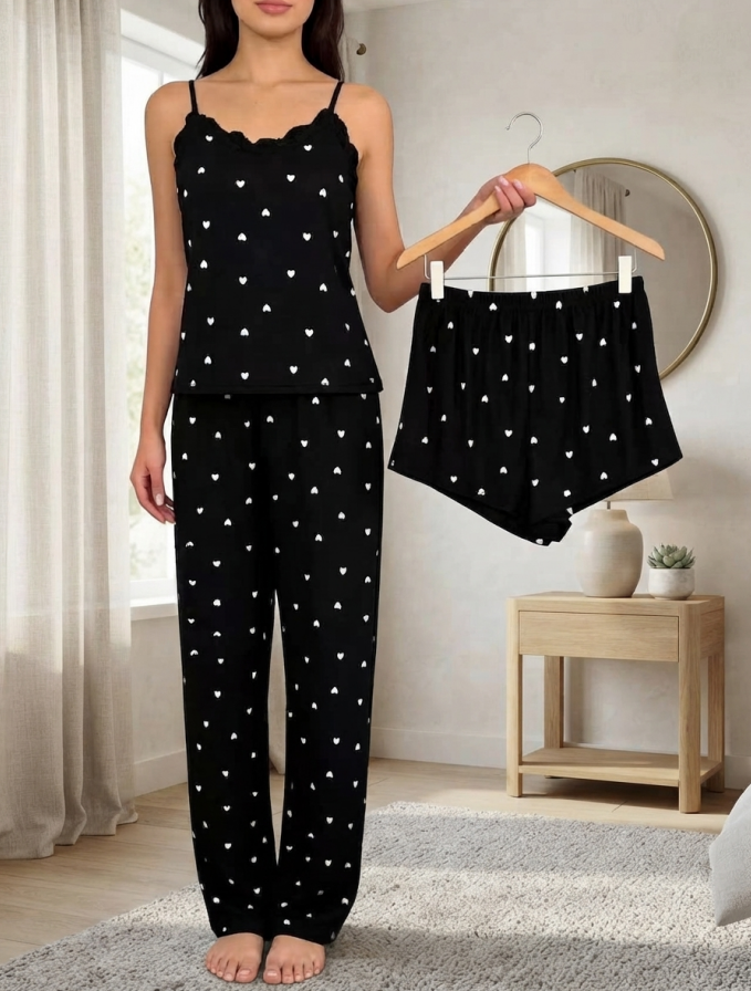 NUOLE Women's 3-Piece Heart Print Pajama Set - Lace Cami Top, Shorts & Pants Loungewear