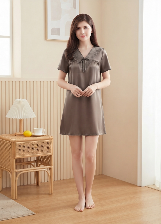 NUOLE Women's 100% Mulberry Silk Short Sleeve Nightdress - Embroidered Lace V-Neck