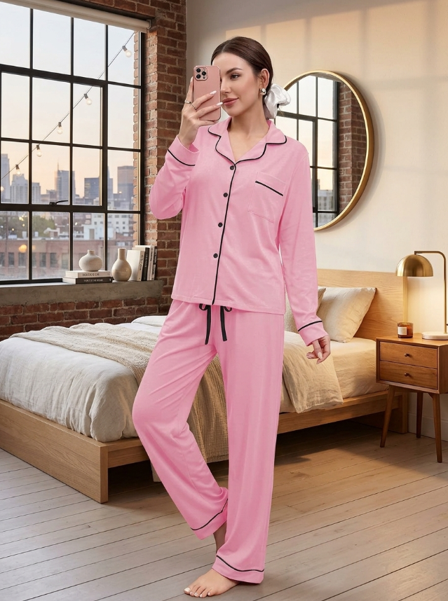 NUOLE Women's Soft Milk Silk Long Sleeve Pajama Set - Two-Piece Stretch Loungewear Sleepwear