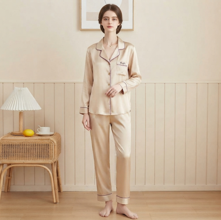 NUOLE Women's 100% Mulberry Silk Long Sleeve Pajama Set - Classic Button Down Loungewear