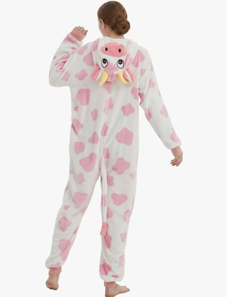 [Custom ] NUOLE Spotted Cow Kigurumi Onesie - Animal Cosplay Costume Pajamas with Horns & Tail for Halloween, Christmas, Easter, Adults & Kids