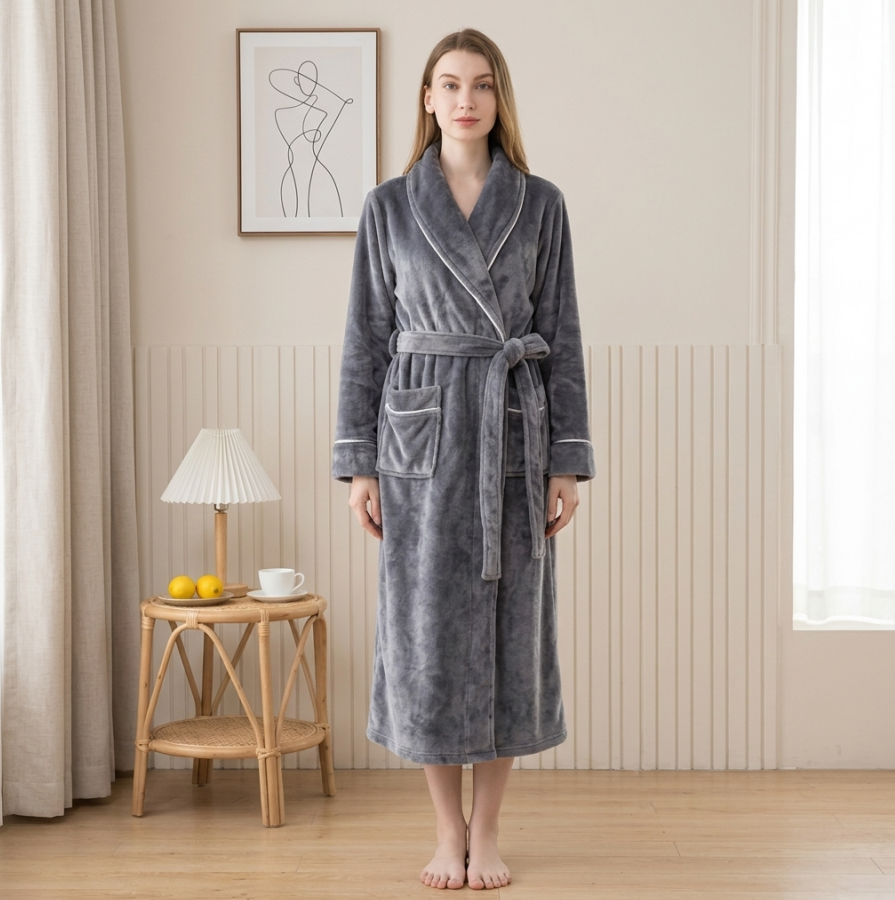 NUOLE Women's Piped Flannel Fleece Long Winter Bathrobe - Heavyweight Plush Loungewear