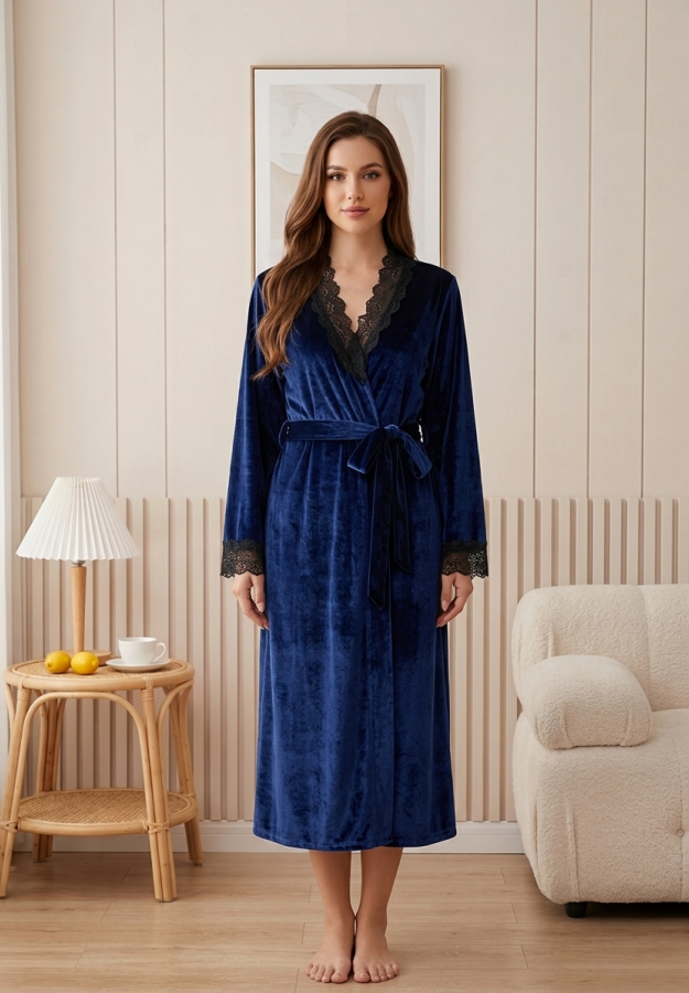 NUOLE Women's Flared Bell Sleeve Crushed Velvet Long Robe - Lace Trim Kimono Bathrobe