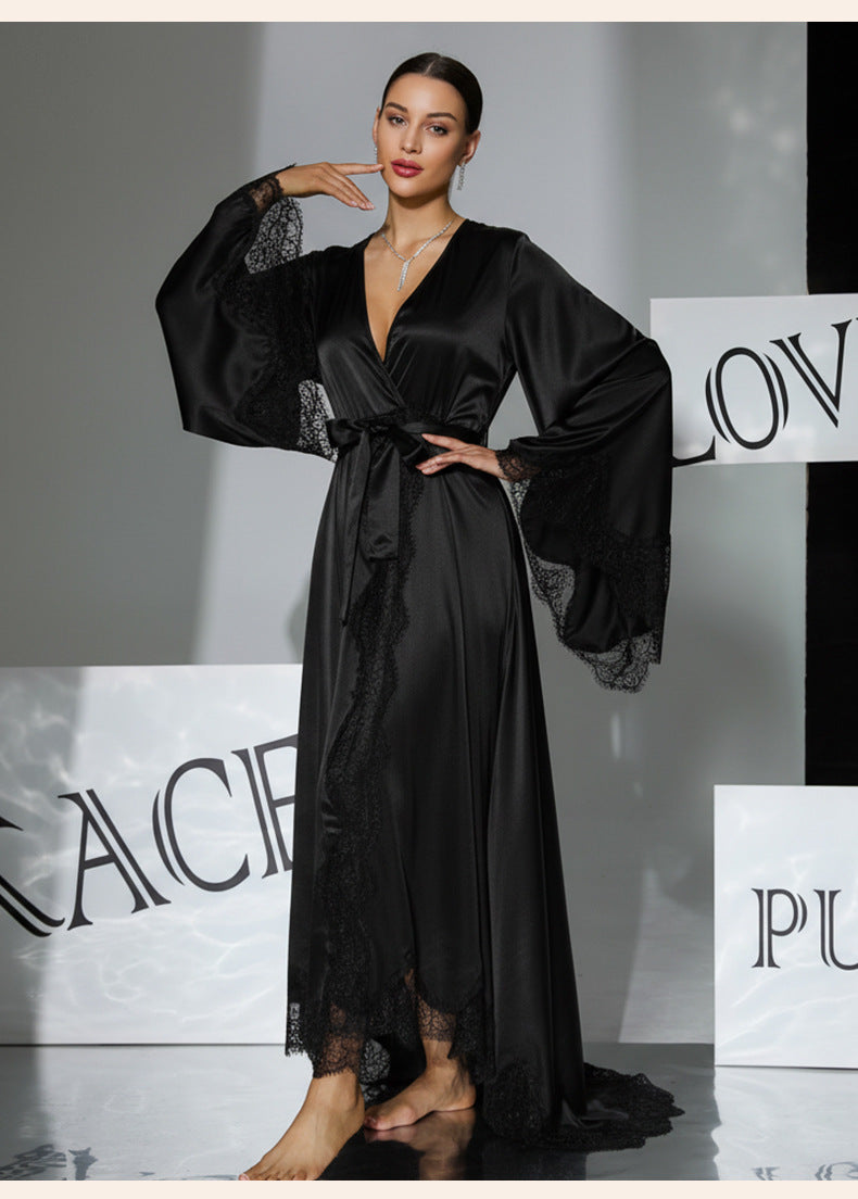 NUOLE Women's Silk Satin Floor-Length Kimono Robe - Lace Bell Sleeve Bathrobe