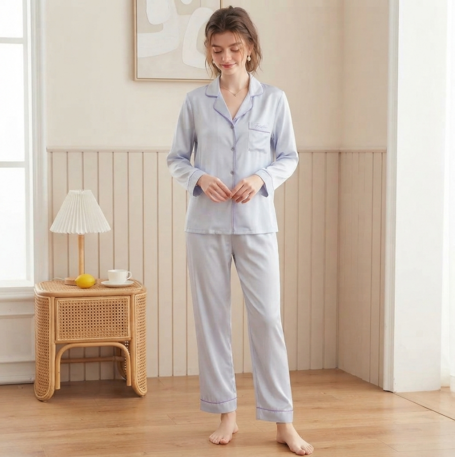 NUOLE Women's 100% Mulberry Silk Long Sleeve Pajama Set - Classic Button Down Loungewear