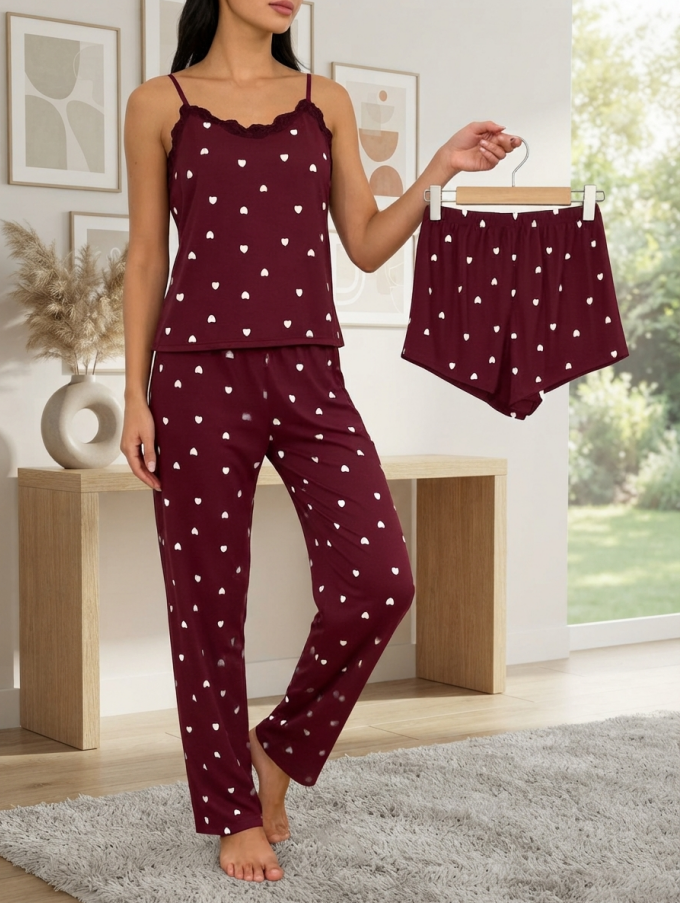 NUOLE Women's 3-Piece Heart Print Pajama Set - Lace Cami Top, Shorts & Pants Loungewear