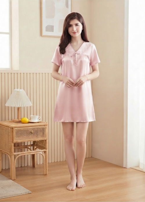 NUOLE Women's 100% Mulberry Silk Short Sleeve Nightdress - Embroidered Lace V-Neck