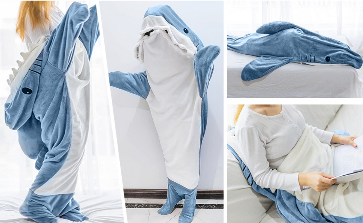 NUOLE Cozy Shark Wearable Blanket Hoodie - Plush Fleece Sleeping Bag Onesie for Adults & Kids