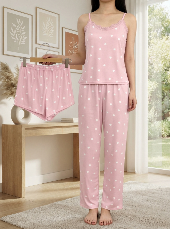 NUOLE Women's 3-Piece Heart Print Pajama Set - Lace Cami Top, Shorts & Pants Loungewear