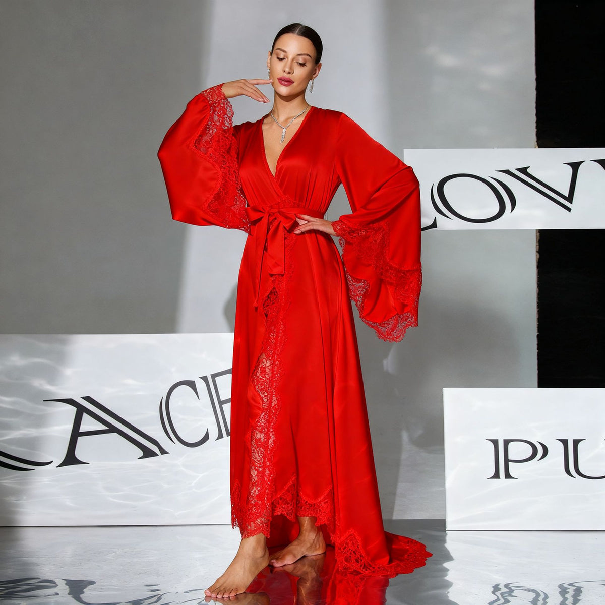 NUOLE Women's Silk Satin Floor-Length Kimono Robe - Lace Bell Sleeve Bathrobe
