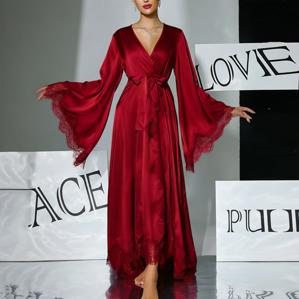 NUOLE Women's Silk Satin Floor-Length Kimono Robe - Lace Bell Sleeve Bathrobe