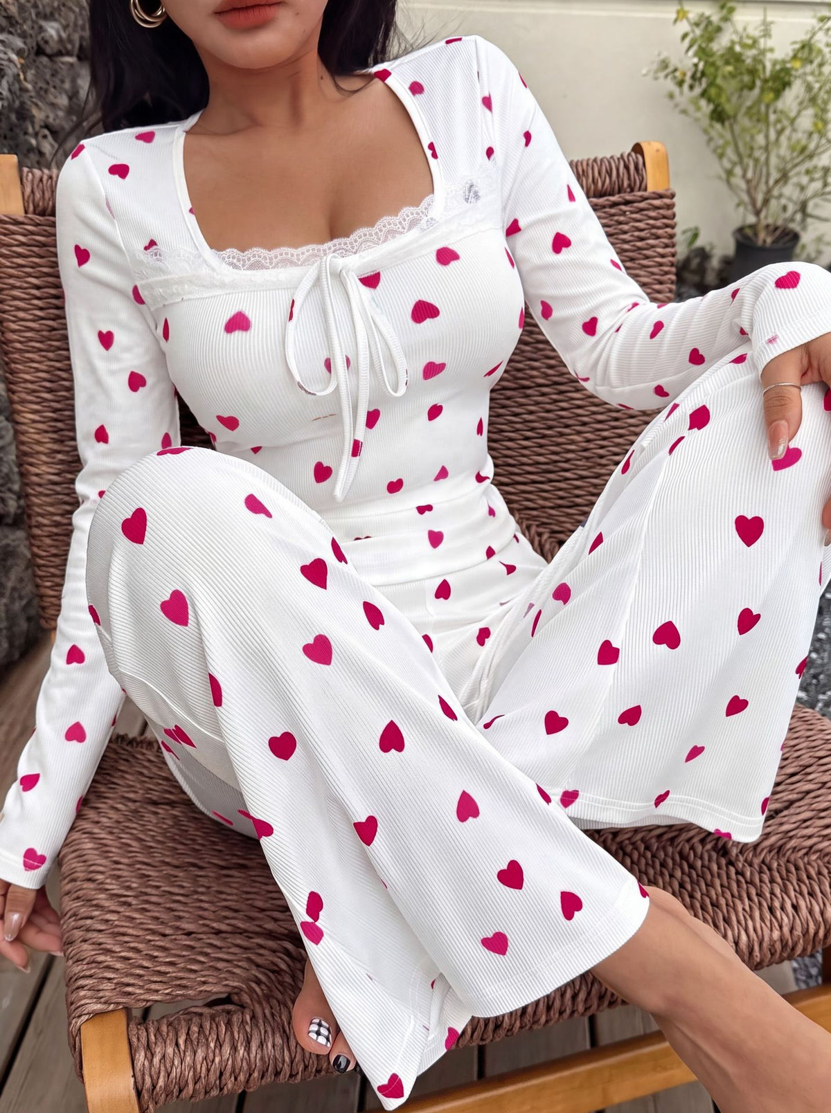 NUOLE Women's Ribbed Knit Heart Print Pajama Set - Soft Lace Trim Loungewear Sleepwear