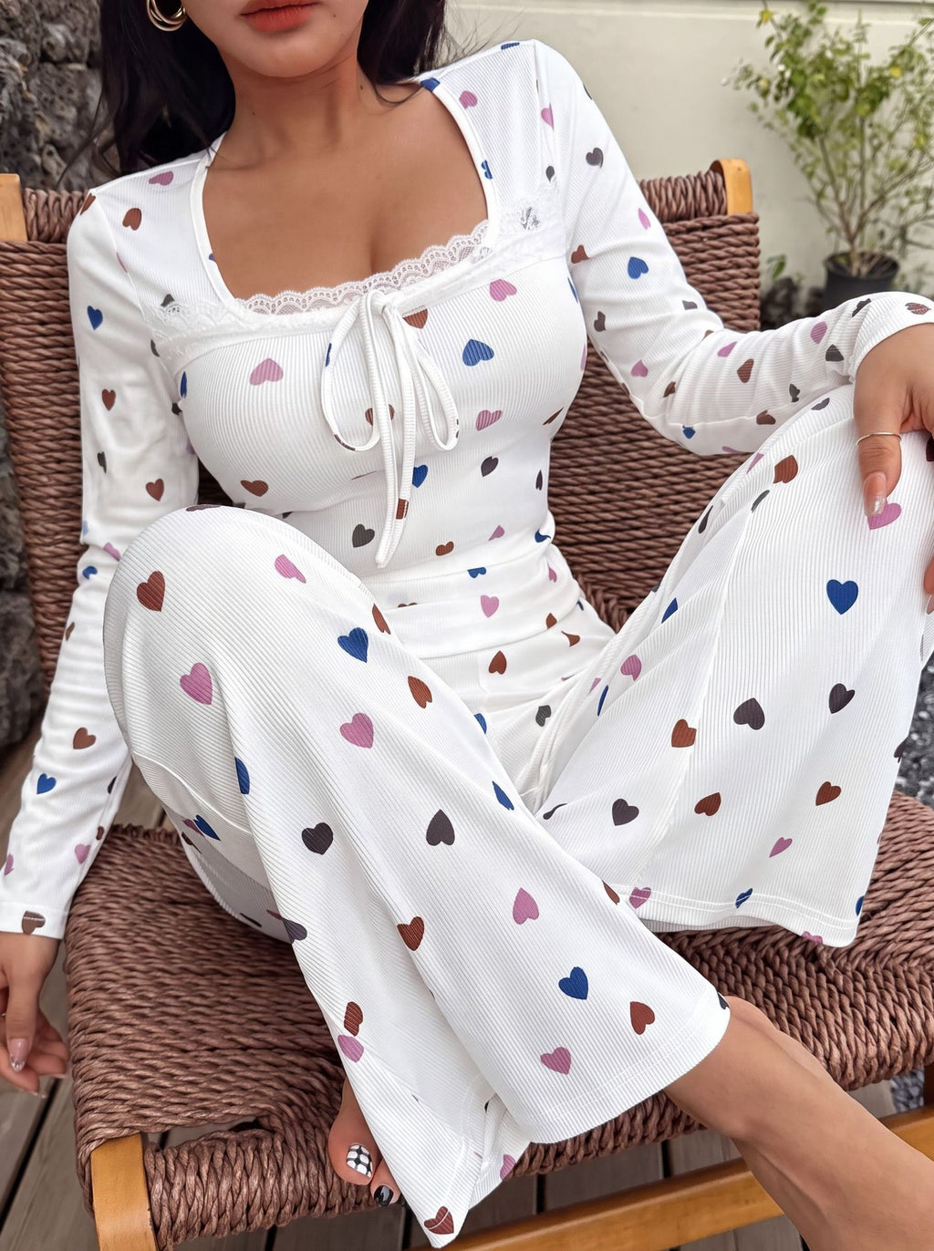 NUOLE Women's Ribbed Knit Heart Print Pajama Set - Soft Lace Trim Loungewear Sleepwear