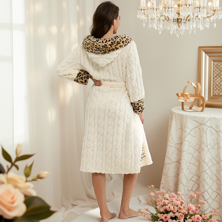 NUOLE Women's Leopard Trim Hooded Cable Knit Fleece Robe - Warm Winter Bathrobe