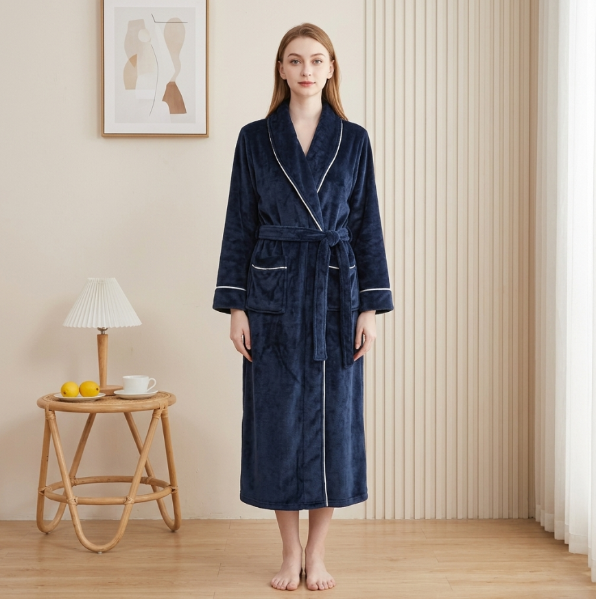 NUOLE Women's Piped Flannel Fleece Long Winter Bathrobe - Heavyweight Plush Loungewear