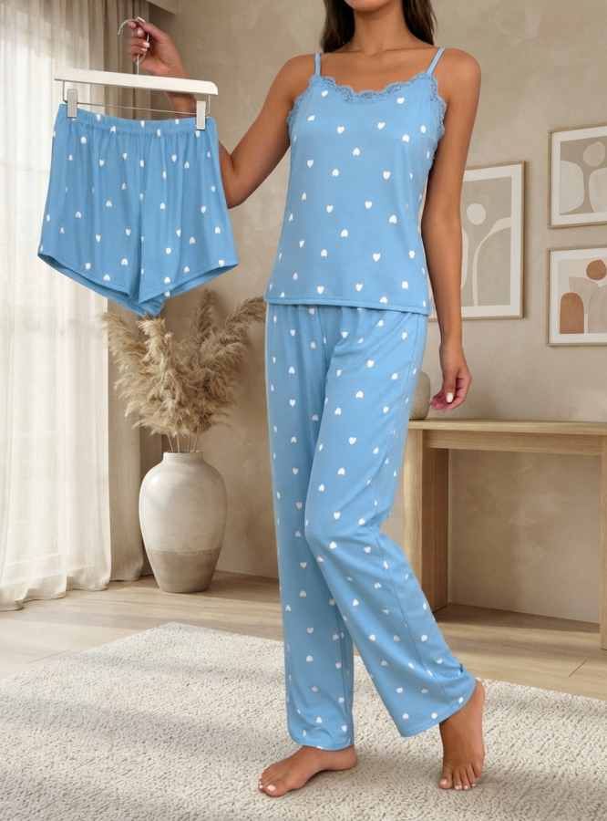 NUOLE Women's 3-Piece Heart Print Pajama Set - Lace Cami Top, Shorts & Pants Loungewear