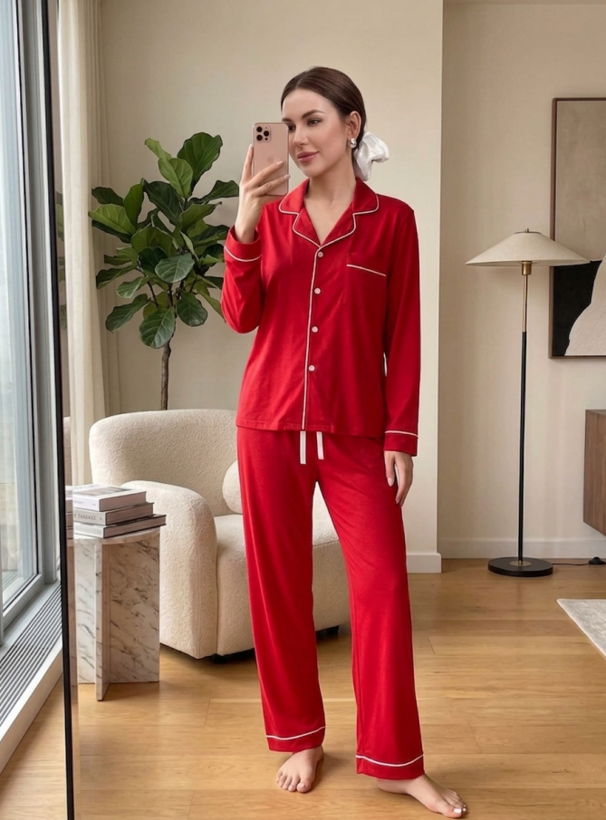 NUOLE Women's Soft Milk Silk Long Sleeve Pajama Set - Two-Piece Stretch Loungewear Sleepwear