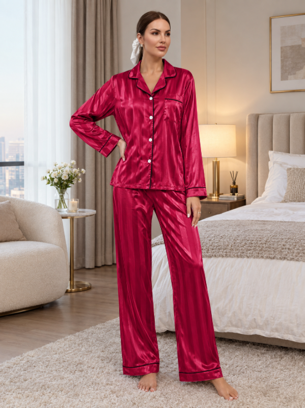 Women's Striped Satin Silk Pajamas - Wine Red