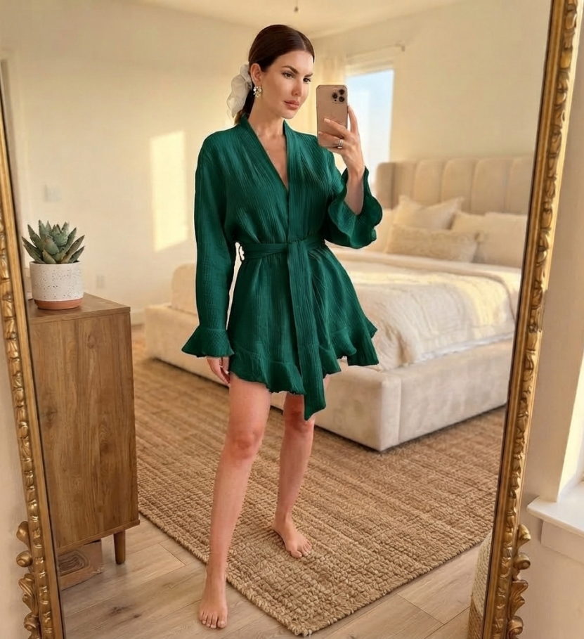 NUOLE Women's Textured Cotton Ruffle Kimono Robe & Shorts Pajama Set - 2 Piece Loungewear