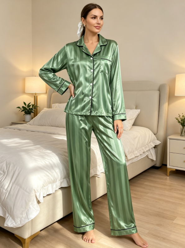 Women's Striped Satin Silk Pajamas - Sage Green