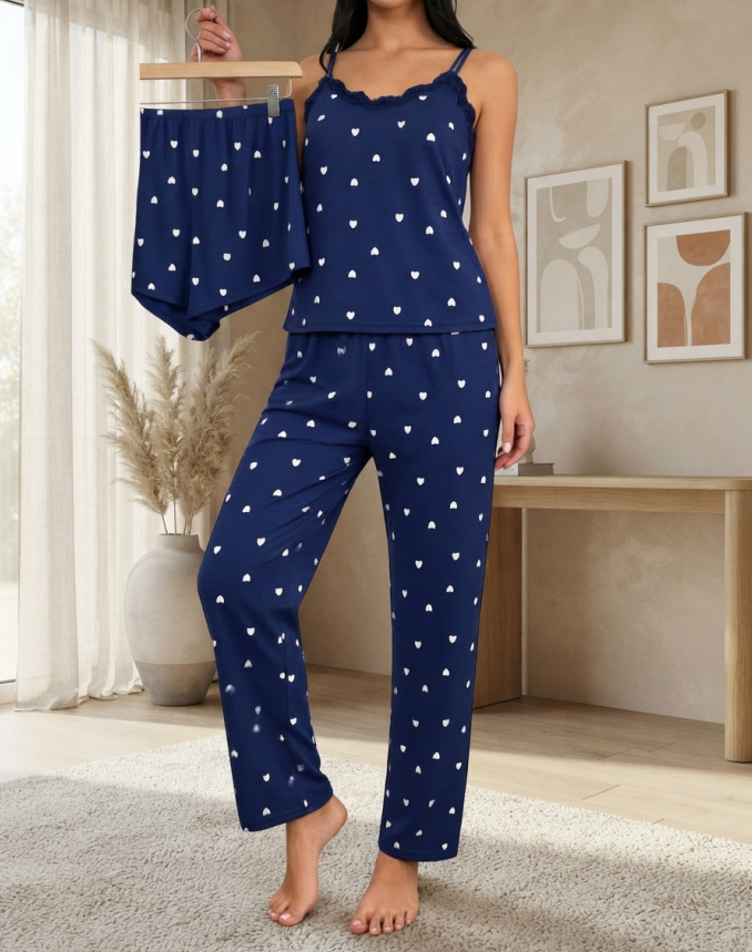 NUOLE Women's 3-Piece Heart Print Pajama Set - Lace Cami Top, Shorts & Pants Loungewear