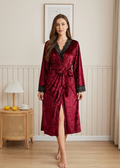 NUOLE Women's Crushed Velvet Long Kimono Robe - Lace Trim Plush Loungewear