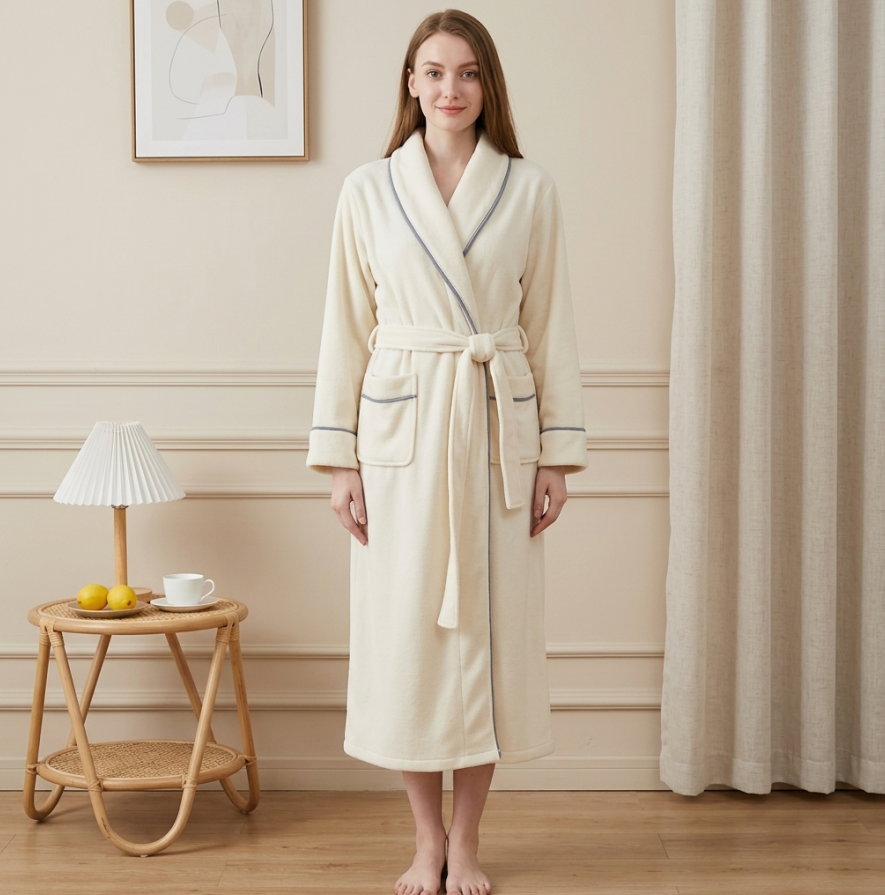 NUOLE Women's Piped Flannel Fleece Long Winter Bathrobe - Heavyweight Plush Loungewear