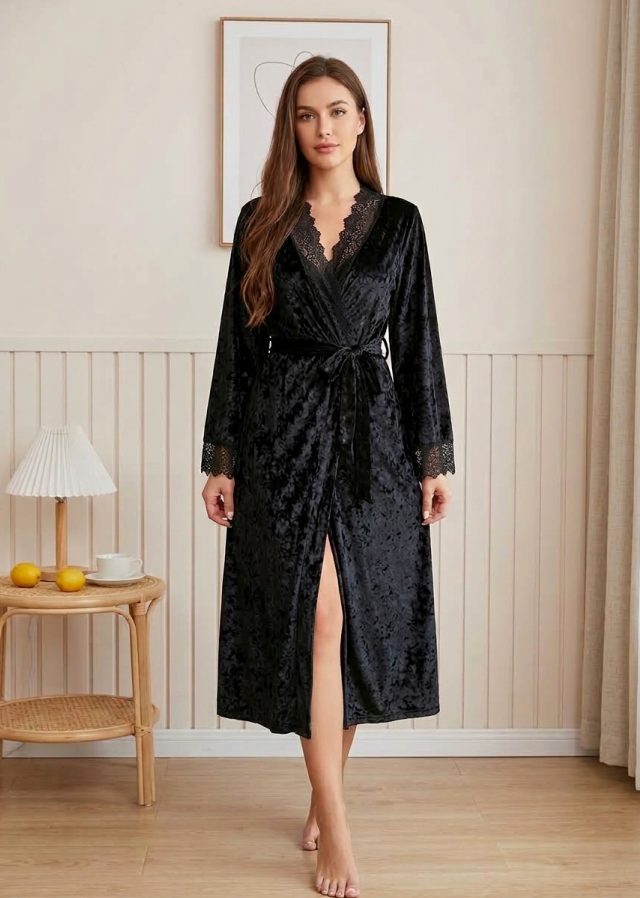 NUOLE Women's Crushed Velvet Long Kimono Robe - Lace Trim Plush Loungewear