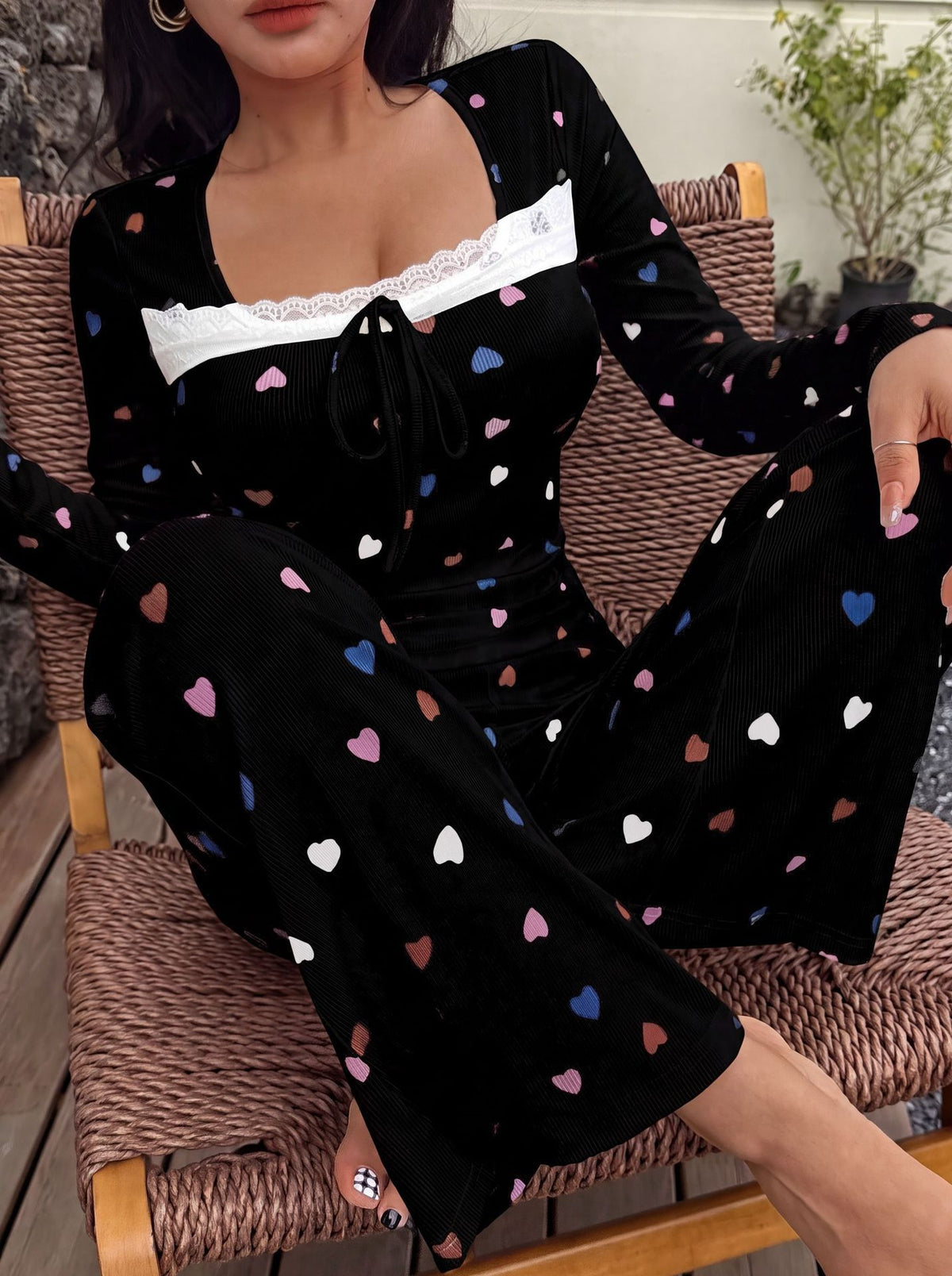 NUOLE Women's Ribbed Knit Heart Print Pajama Set - Soft Lace Trim Loungewear Sleepwear