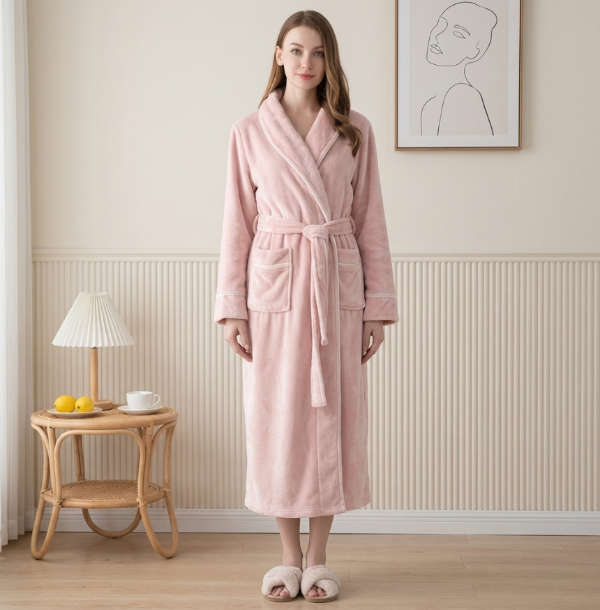 NUOLE Women's Piped Flannel Fleece Long Winter Bathrobe - Heavyweight Plush Loungewear