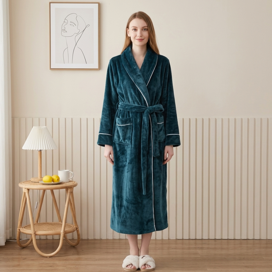 NUOLE Women's Piped Flannel Fleece Long Winter Bathrobe - Heavyweight Plush Loungewear
