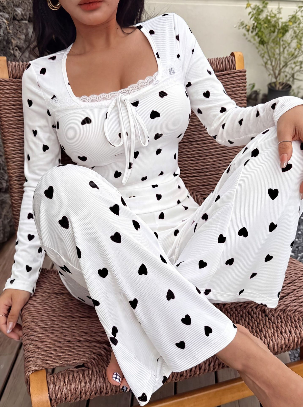 NUOLE Women's Ribbed Knit Heart Print Pajama Set - Soft Lace Trim Loungewear Sleepwear
